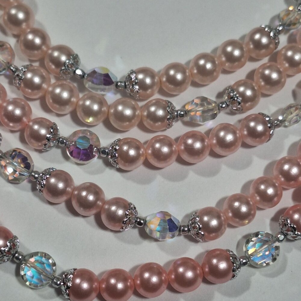 Vintage Japan 5 Strand Multi Pink Ombre Faux Pearl AB Crystal Necklace 15-18" - Picture 8 of 12